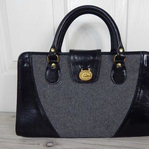 Brahmin vintage black leather gray wool handbag